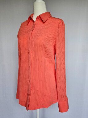 EAST 5TH Coral Crinkle Button Down Blouse | Stretch Long Sleeve Top Size L